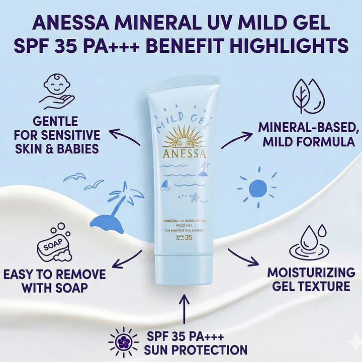 Anessa Mineral UV Sunscreen Mild Gel for Sensitive Skin SPF35 PA+++ - Image 3